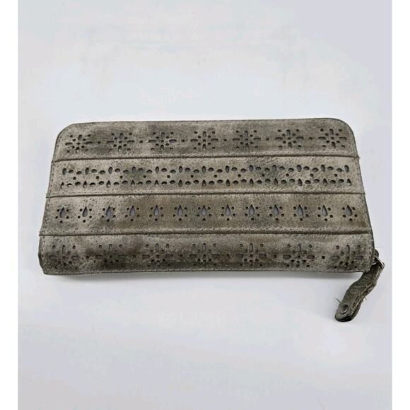 Suri Fray Laser Cut Boho Gray Distressed Zip Around Leather Wallet - Picture 1 of 10